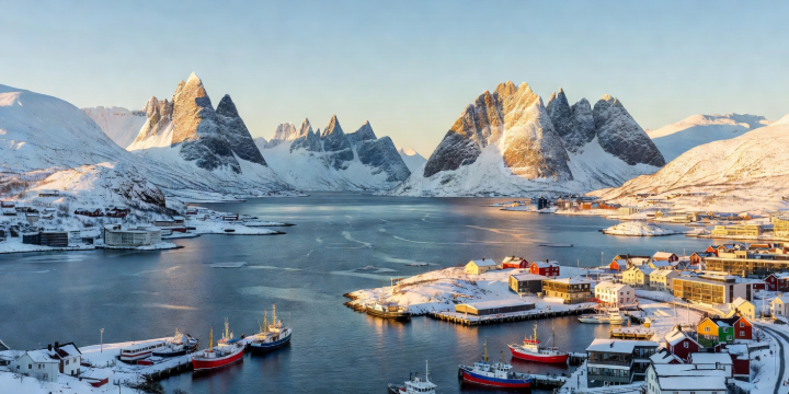 Harbor view of Tromsø and surrounding arctic mountain peaks across the Tromsøysundet waterway