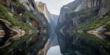 Nærøyfjord narrow canyon walls soaring straight upwards from mirror-still water