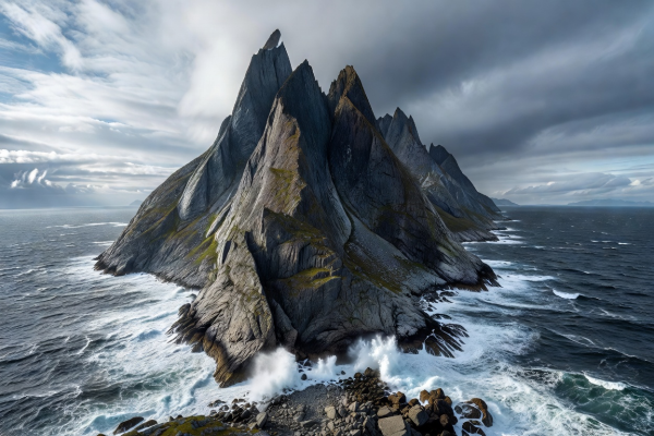 Spectacular view of the jagged Segla knife-edge mountain dropping into the Norwegian Sea on Senja
